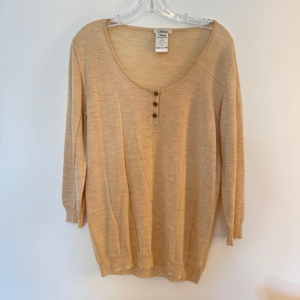 Vintage Chloé 100% Merino Wool Henley Beige Tunic Sweater L Beige Made in Italy